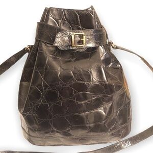 Furla black vintage embossed leather gathered bag